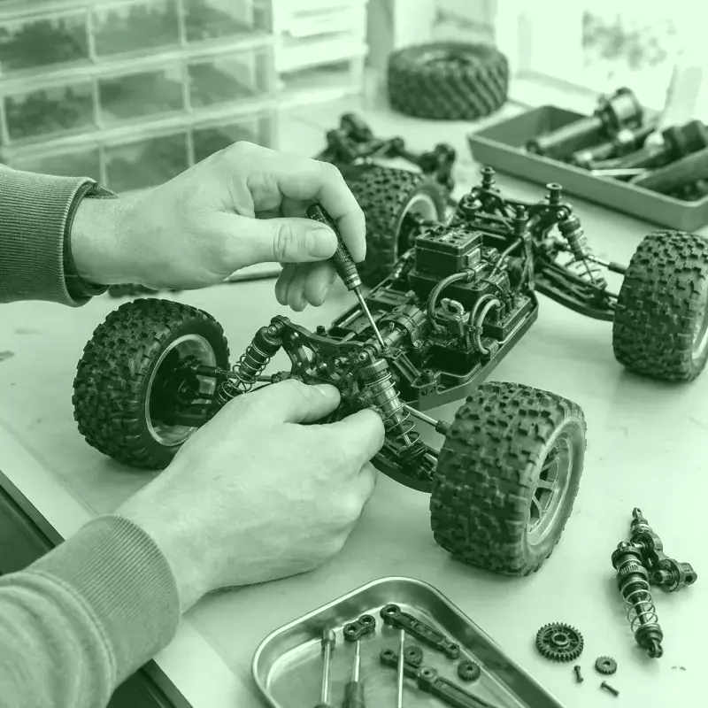 Técnico ajustando el chasis de un auto RC con herramientas